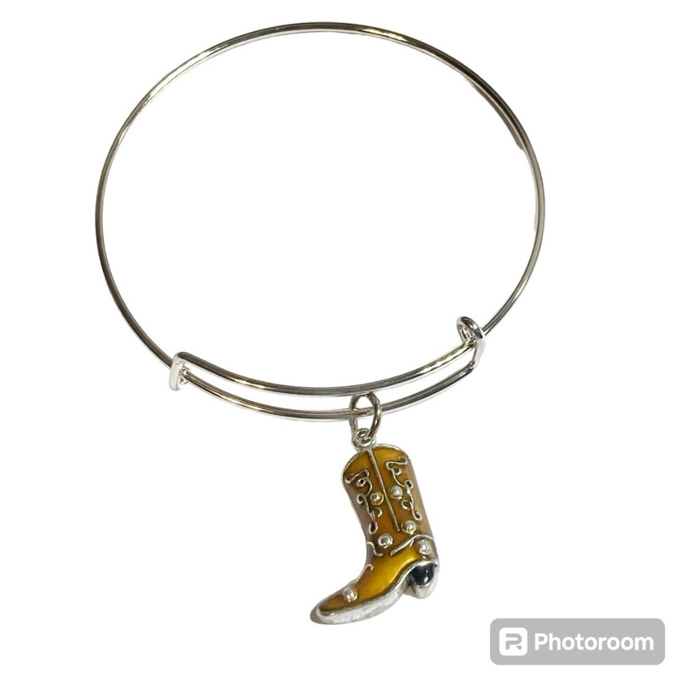 Cowboy Boot Charm Bracelet Silver Plated Cowgirl Brown Enamel Country Western